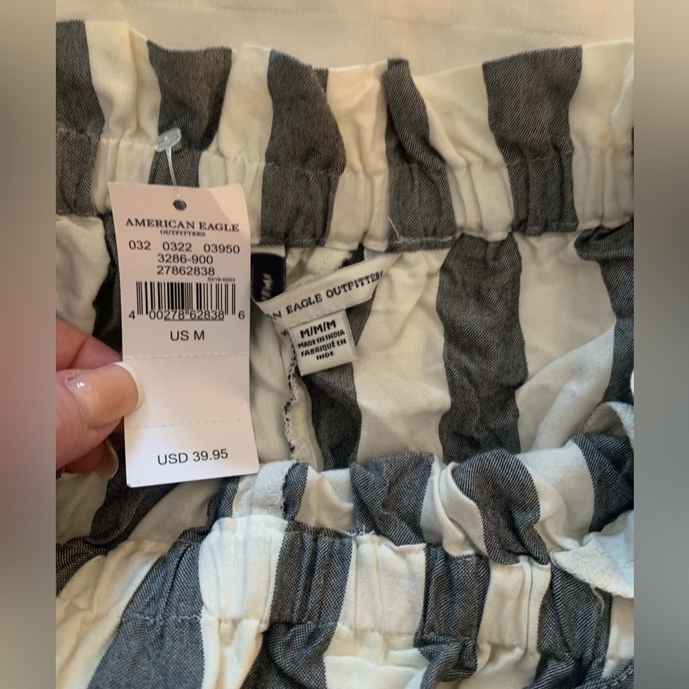 NWT American Eagle Gray/White Stripe Pants, Front Pockets, Fabric Belt; Size M
